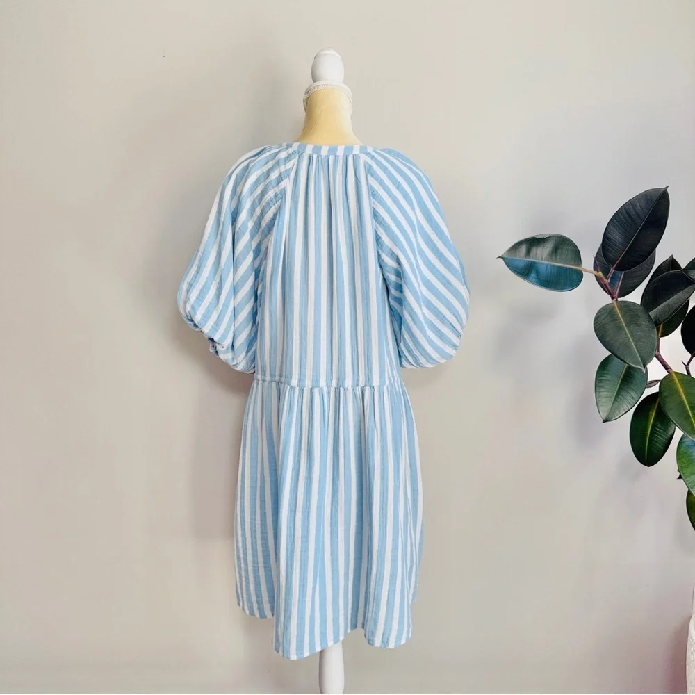 Old Navy Waist-Defined Puff-Sleeve Stripe Gauze Mini Shirt Dress size LTall NWT - Picture 7 of 10